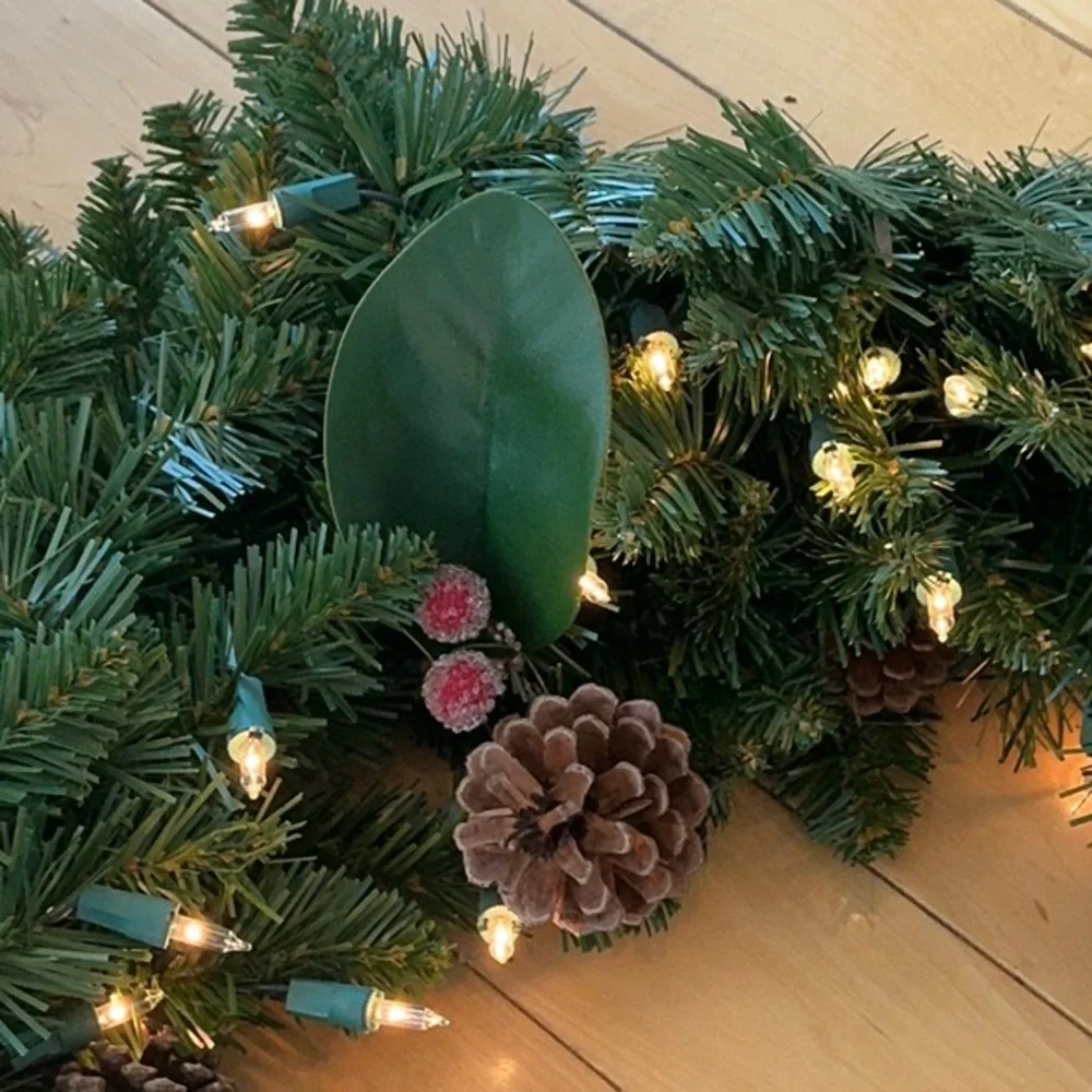 Pre-lit Green Holiday Garland with Pinecones and frosted berries - electric